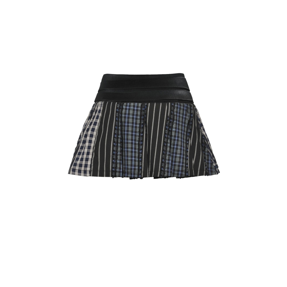 Dark in Love - Colorful Plaid Patchwork Leather-Waist Mini skirt - Black
